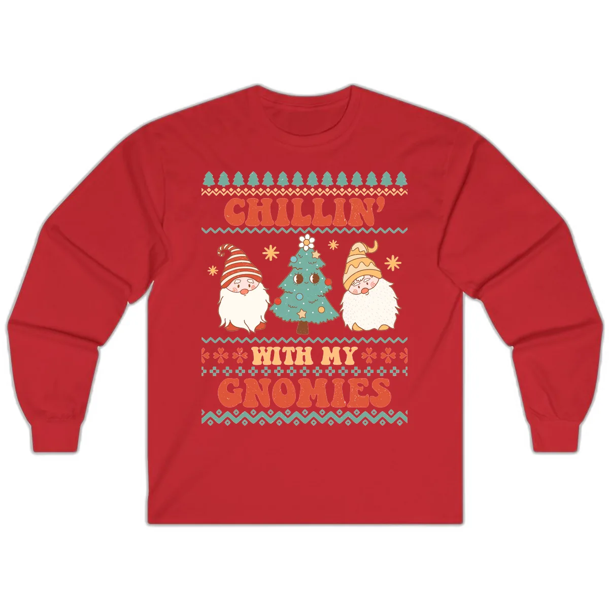 Chillin With My Gnomies Holiday Design Long Sleeve in Red