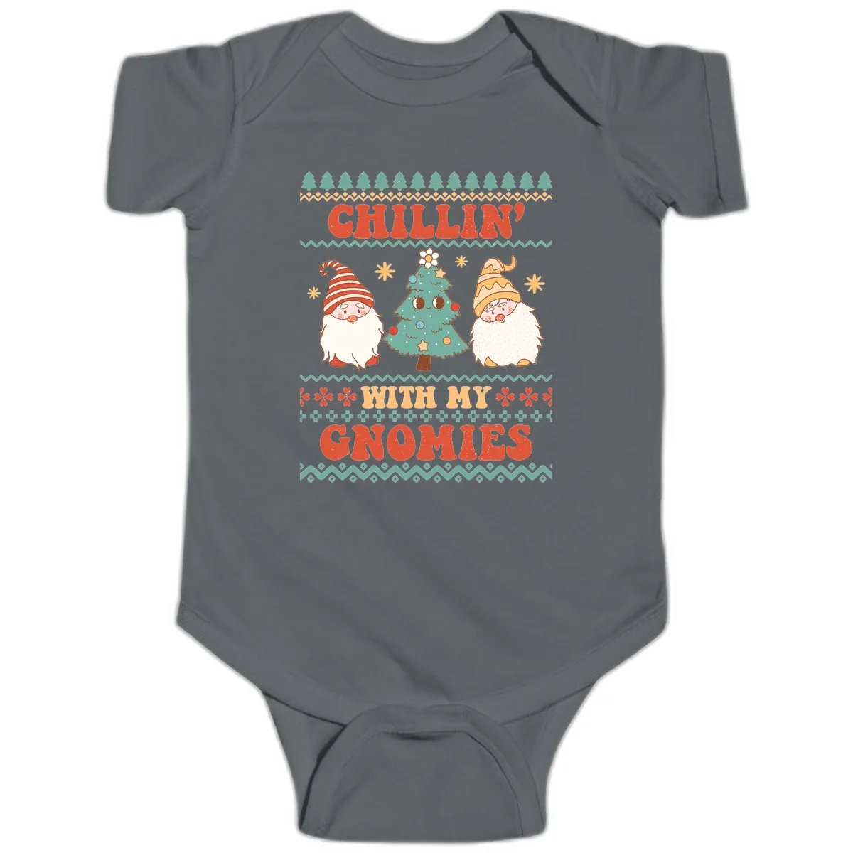 Chillin With My Gnomies Holiday Design Baby Onesie in Charcoal