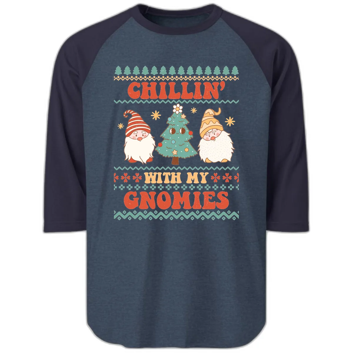Chillin With My Gnomies Holiday Design Raglan 3/4 in Heather Denim Navy