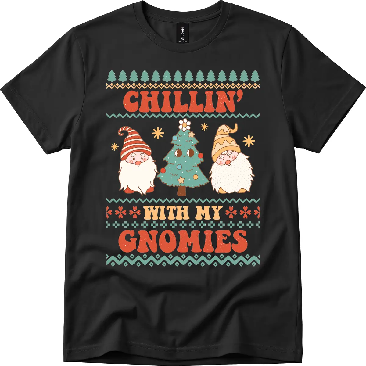 Chillin With My Gnomies Holiday Design T-Shirt in Black