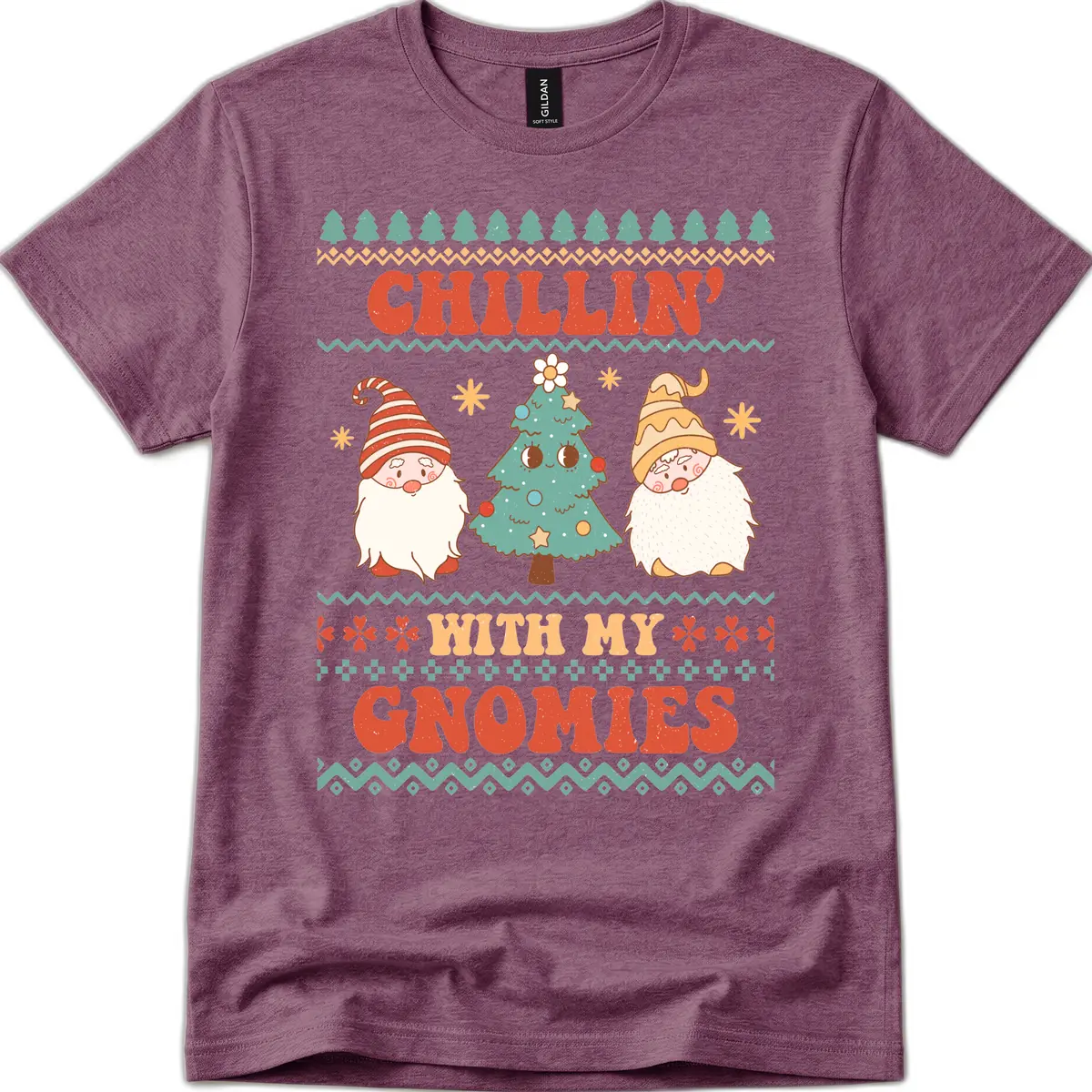 Chillin With My Gnomies Holiday Design T-Shirt in Heather Maroon