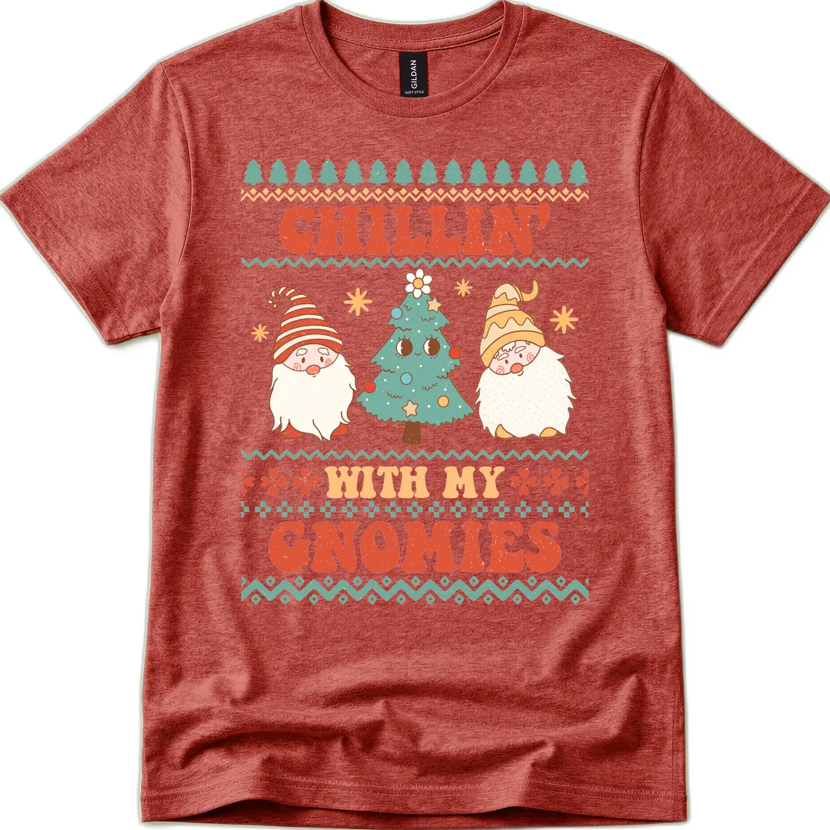 Chillin With My Gnomies Holiday Design T-Shirt in Heather Cardinal