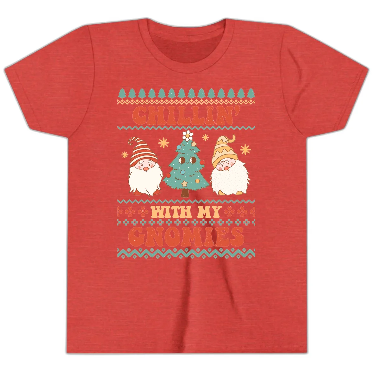 Chillin With My Gnomies Holiday Design Youth T-Shirt in Heather Red