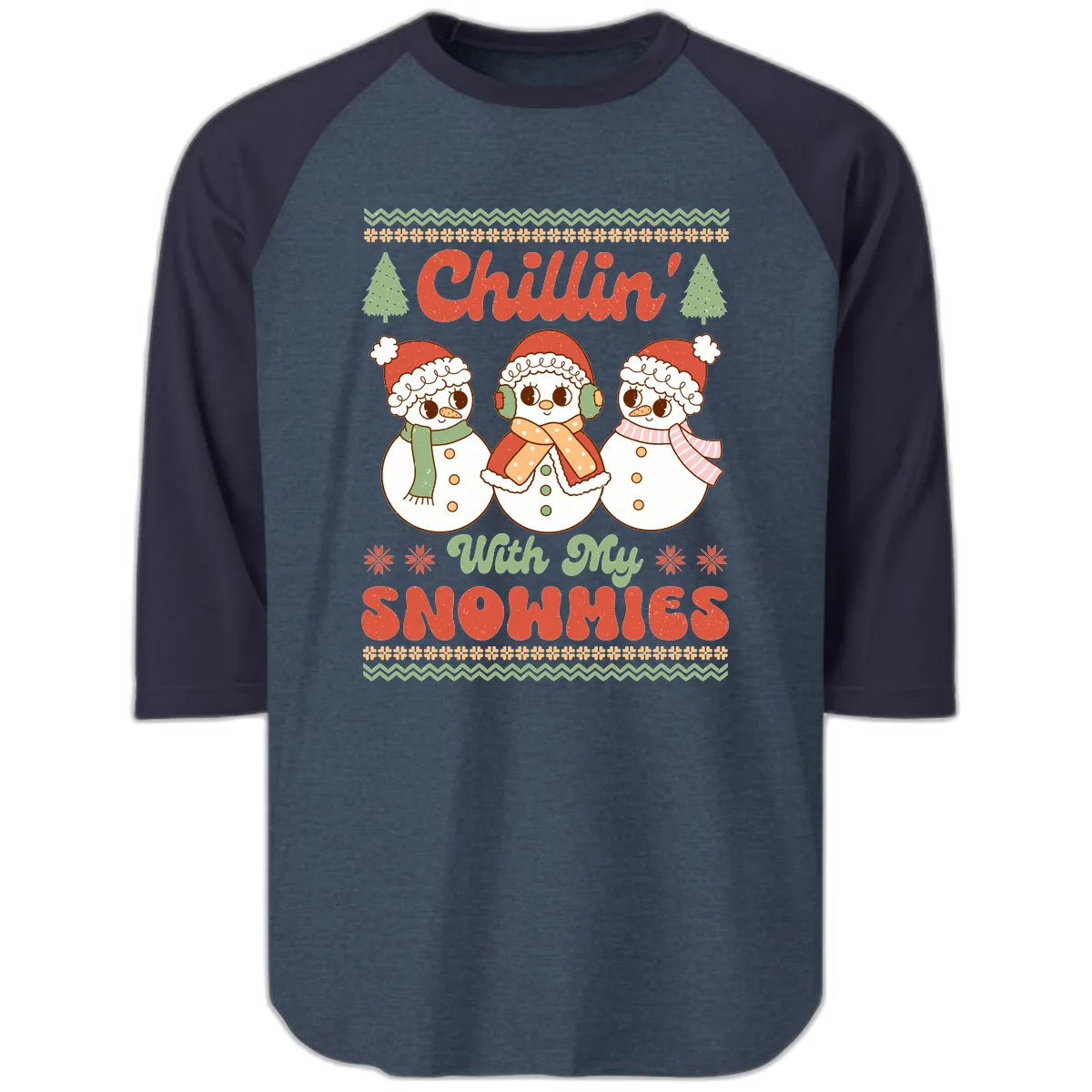 Chillin' With My Snowmies Raglan 3/4 in Heather Denim Navy