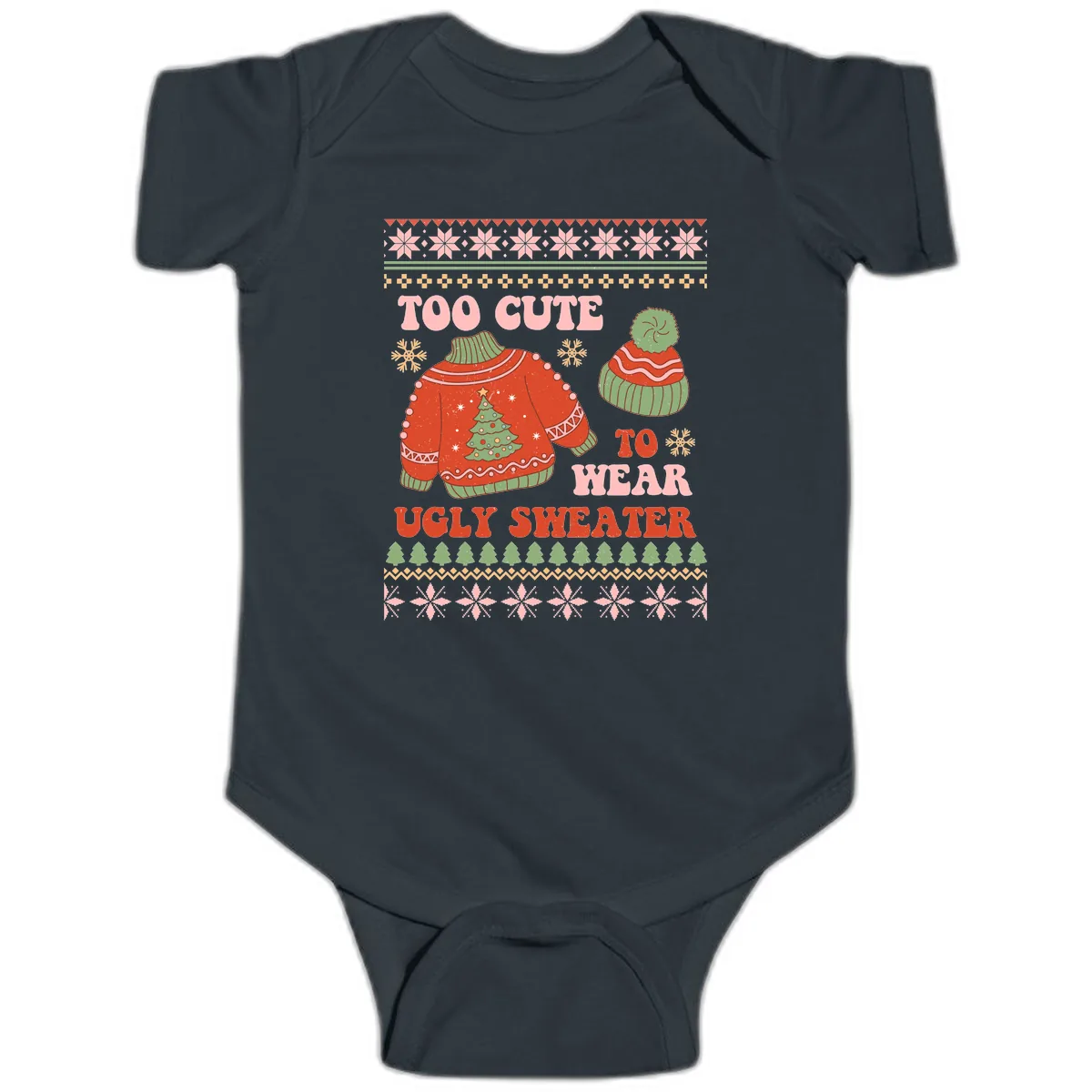 Too Cute To Wear Ugly Sweater Baby Onesie in Black