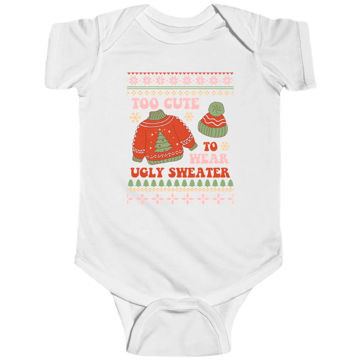 Too Cute To Wear Ugly Sweater Baby Onesie in White