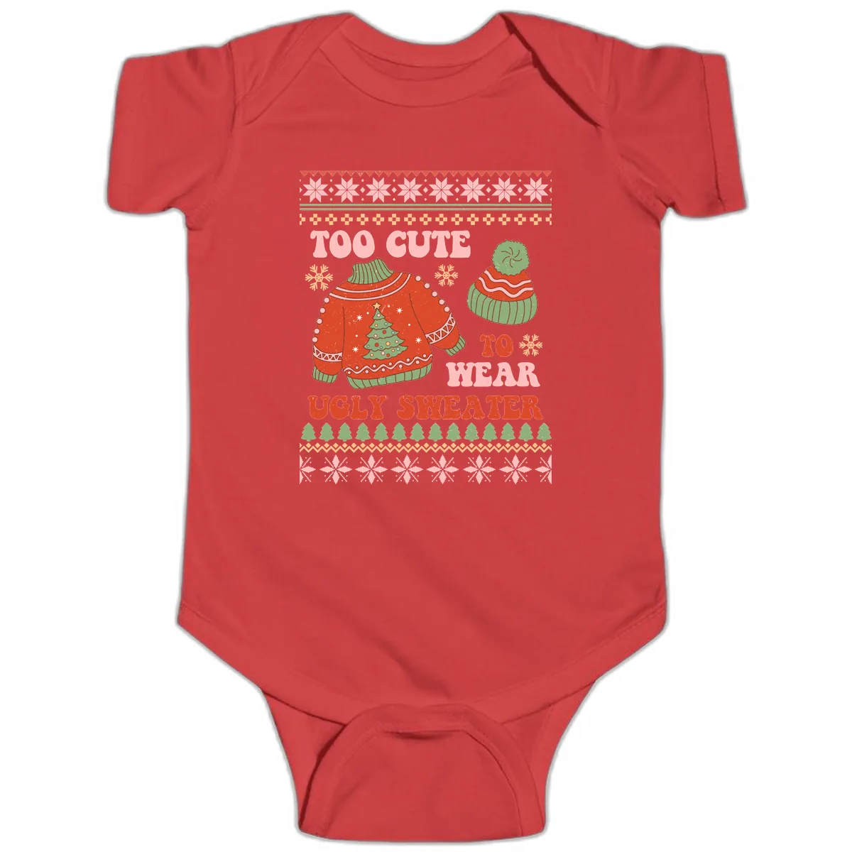 Too Cute To Wear Ugly Sweater Baby Onesie in Red