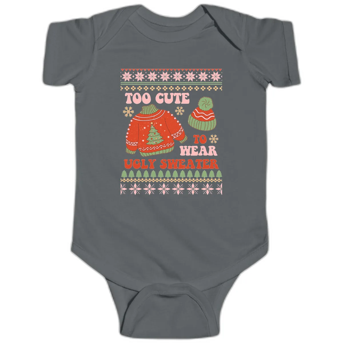 Too Cute To Wear Ugly Sweater Baby Onesie in Charcoal