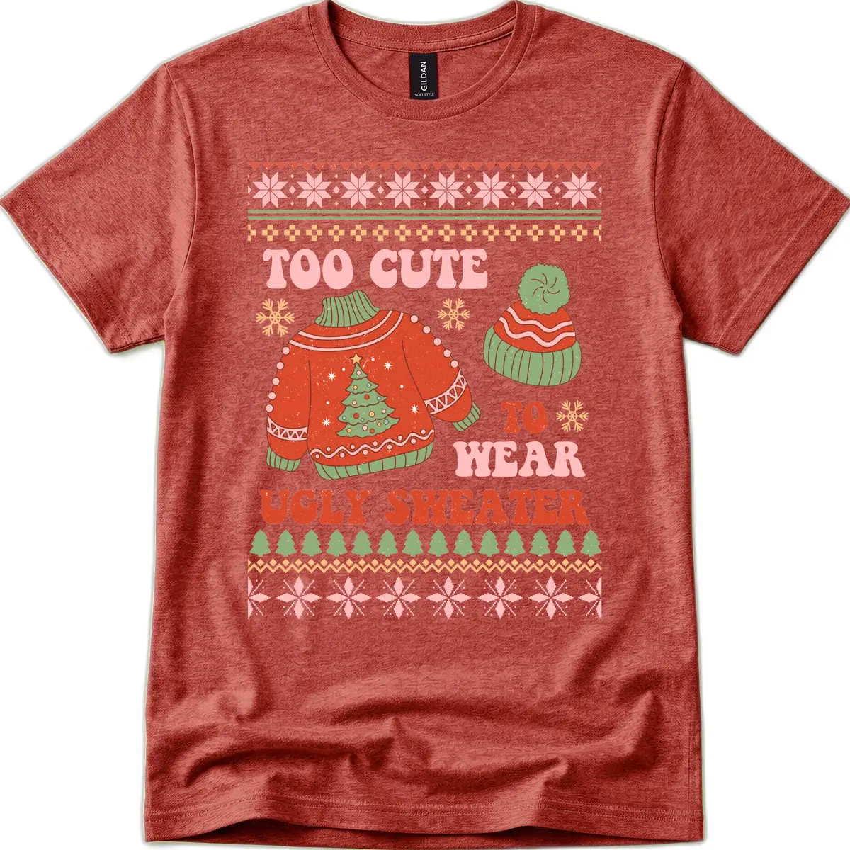 Too Cute To Wear Ugly Sweater T-Shirt in Heather Cardinal
