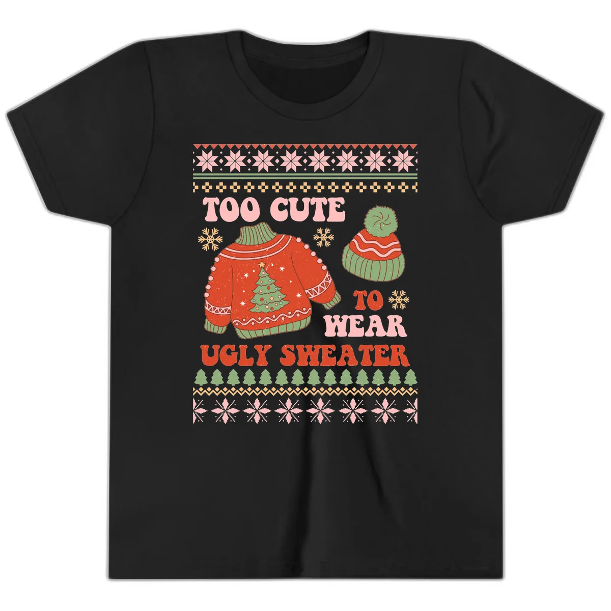 Too Cute To Wear Ugly Sweater Youth T-Shirt in Black