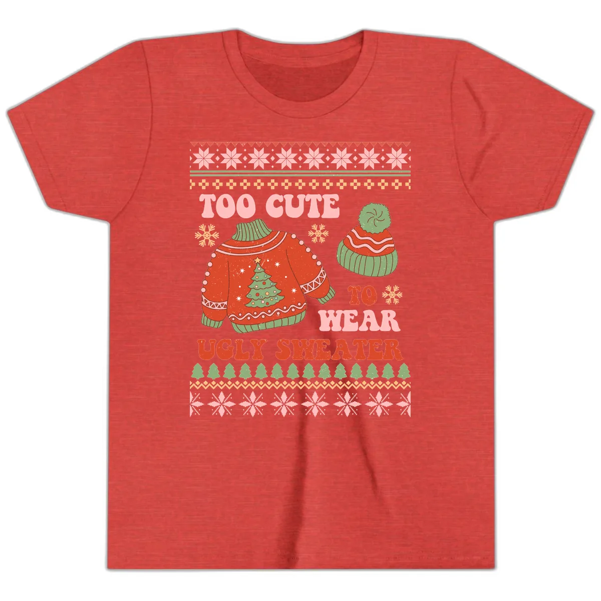 Too Cute To Wear Ugly Sweater Youth T-Shirt in Heather Red