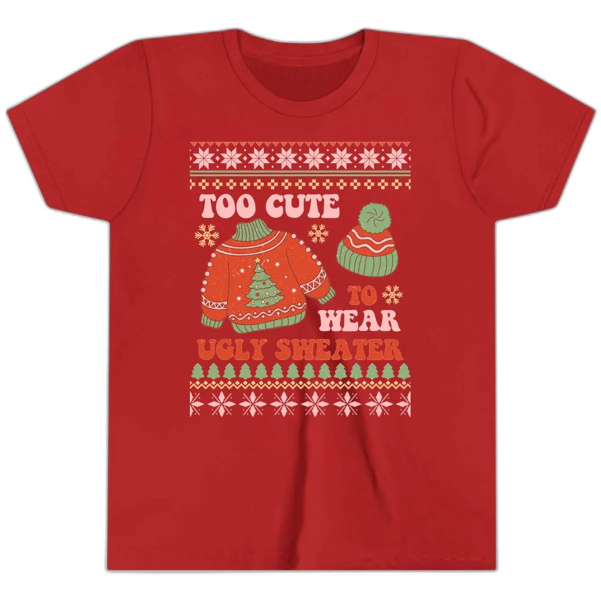 Too Cute To Wear Ugly Sweater Youth T-Shirt in Red