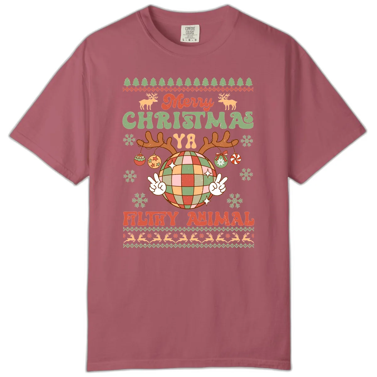 Merry Christmas Ya Filthy Animal Disco Ball Comfort Color in Crimson
