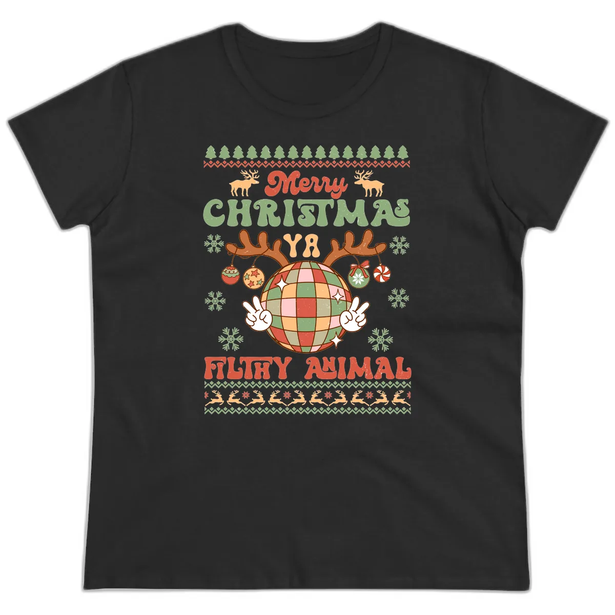 Merry Christmas Ya Filthy Animal Disco Ball Ladies Tee in Black