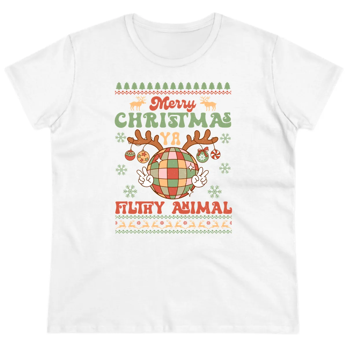 Merry Christmas Ya Filthy Animal Disco Ball Ladies Tee in White