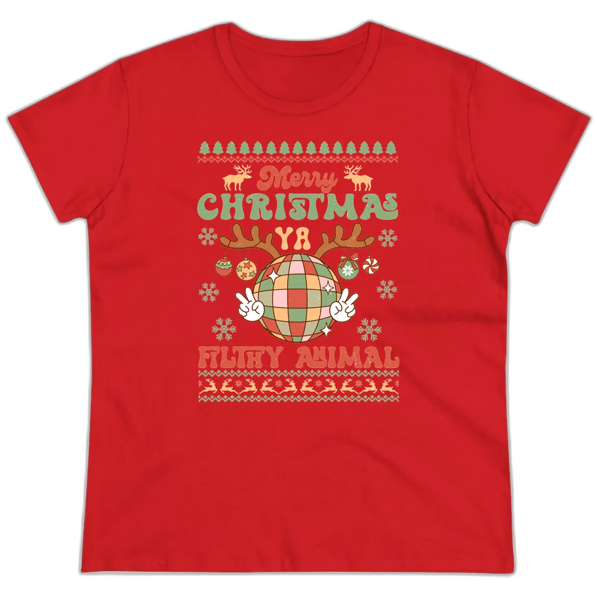 Merry Christmas Ya Filthy Animal Disco Ball Ladies Tee in Red