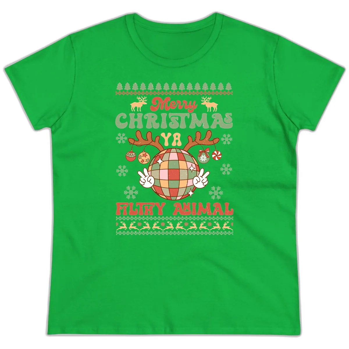 Merry Christmas Ya Filthy Animal Disco Ball Ladies Tee in Irish Green