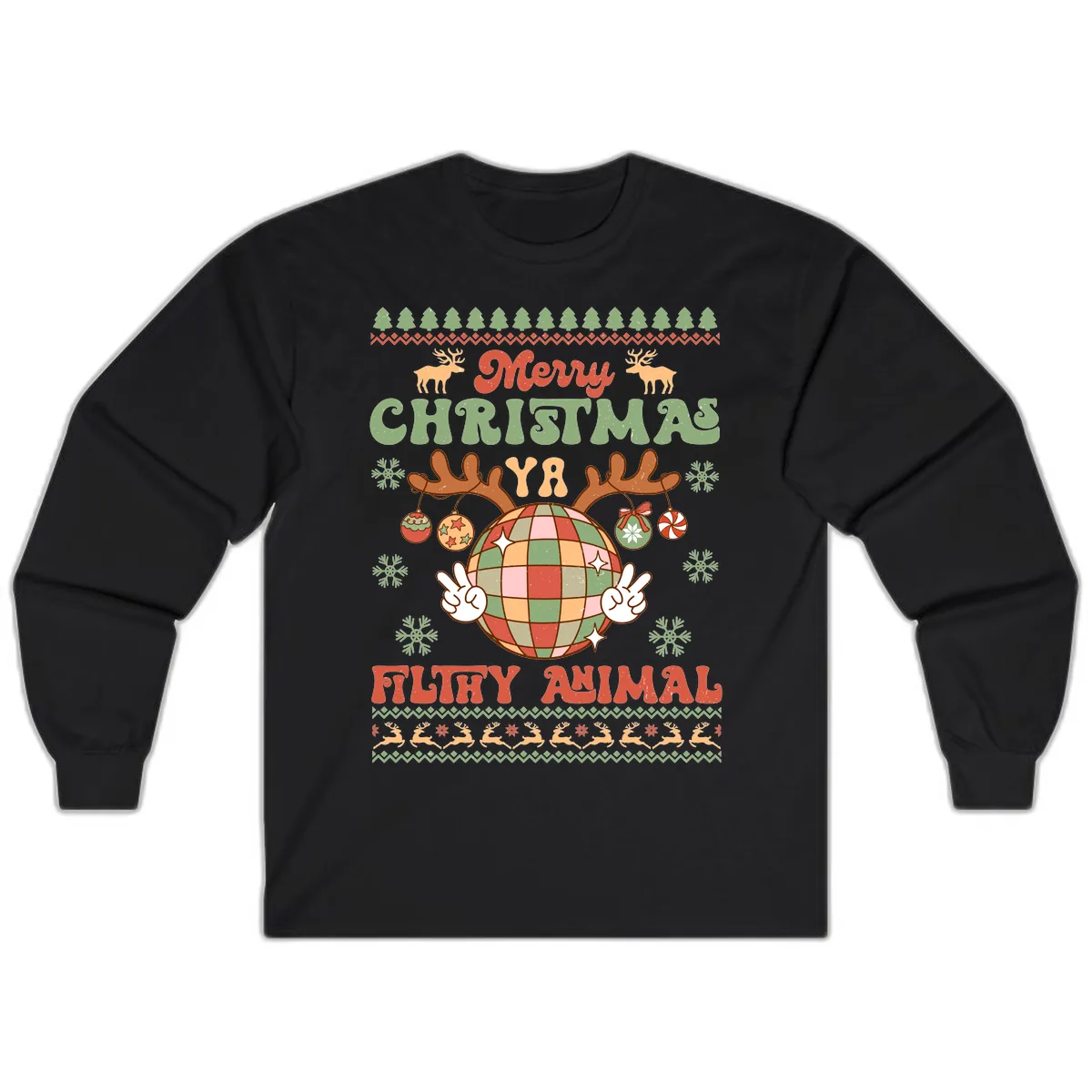 Merry Christmas Ya Filthy Animal Disco Ball Long Sleeve in Black