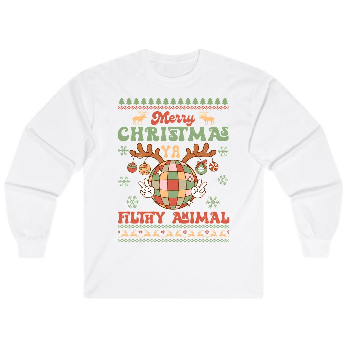 Merry Christmas Ya Filthy Animal Disco Ball Long Sleeve in White
