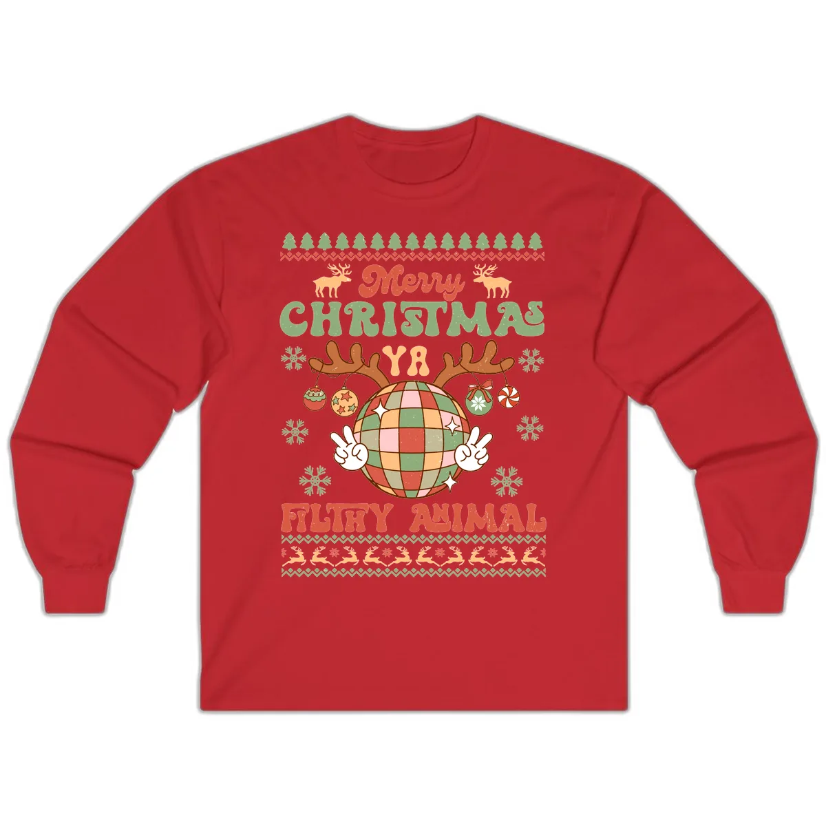 Merry Christmas Ya Filthy Animal Disco Ball Long Sleeve in Red