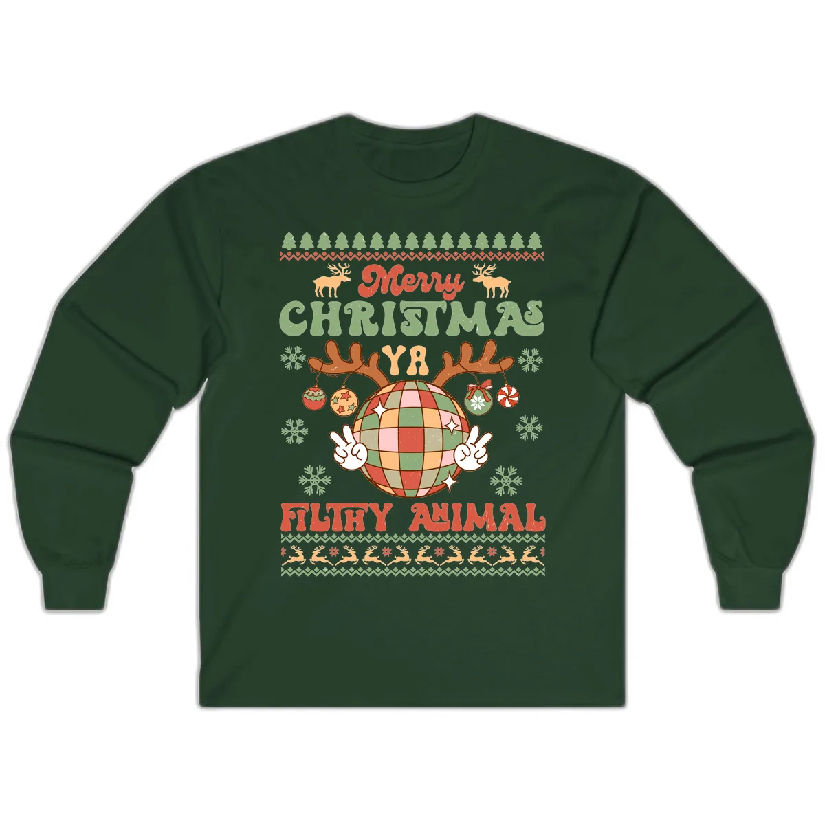 Merry Christmas Ya Filthy Animal Disco Ball Long Sleeve in Forest Green