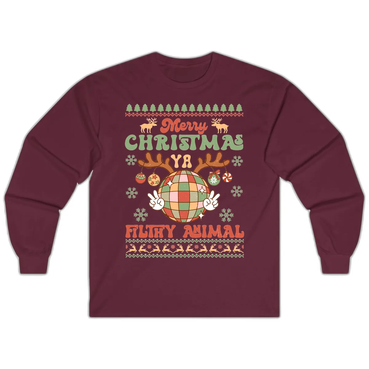 Merry Christmas Ya Filthy Animal Disco Ball Long Sleeve in Maroon