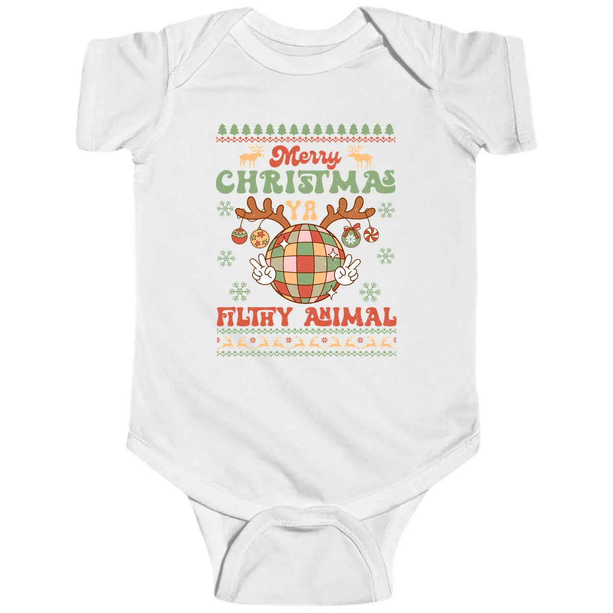 Merry Christmas Ya Filthy Animal Disco Ball Baby Onesie in White