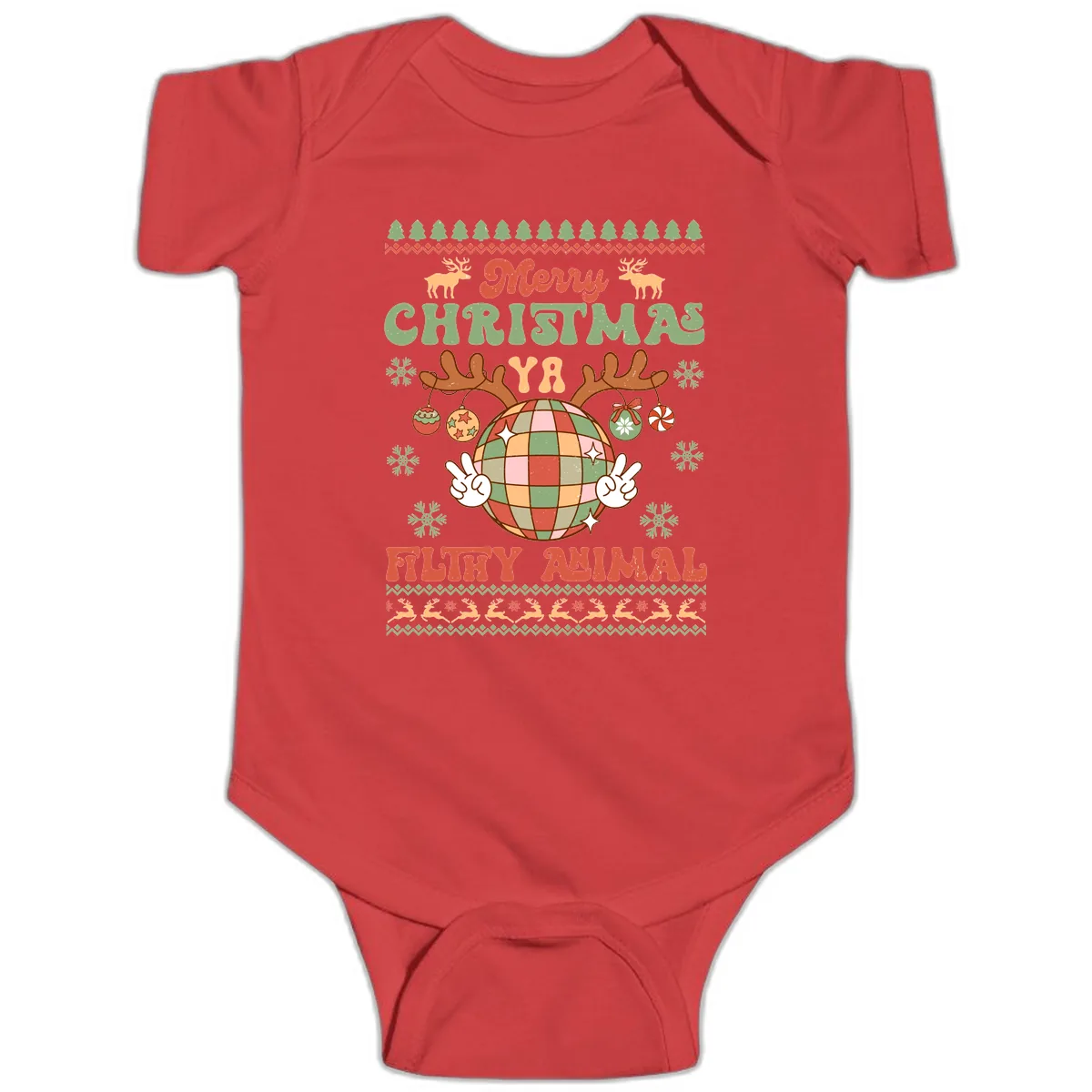 Merry Christmas Ya Filthy Animal Disco Ball Baby Onesie in Red