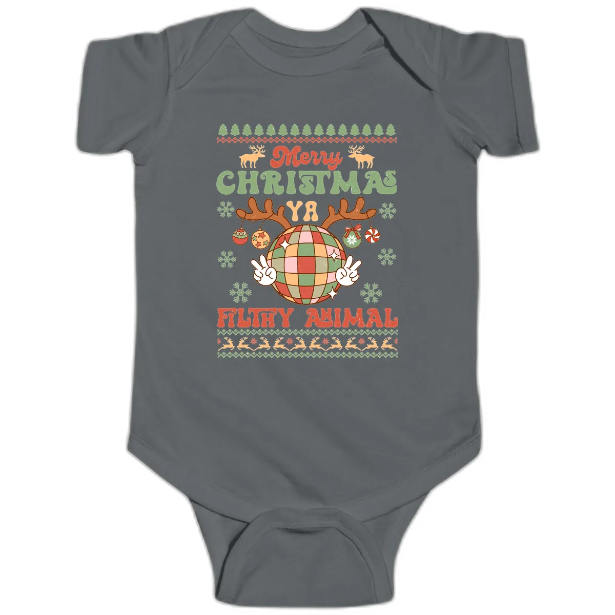 Merry Christmas Ya Filthy Animal Disco Ball Baby Onesie in Charcoal