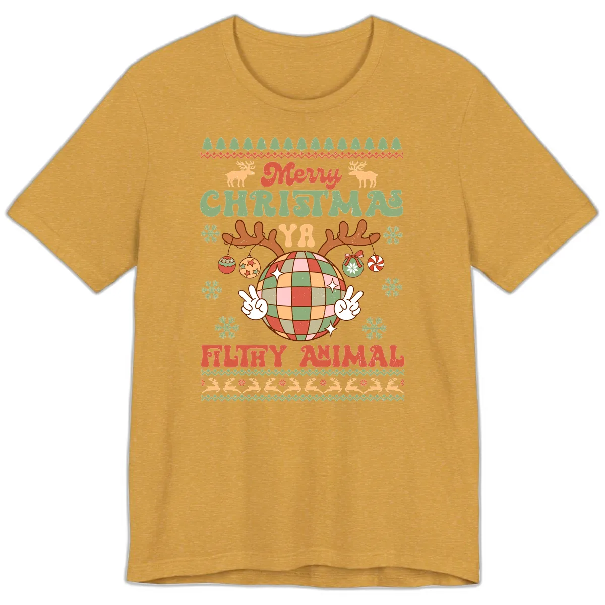 Merry Christmas Ya Filthy Animal Disco Ball Premium T-Shirt in Heather Mustard