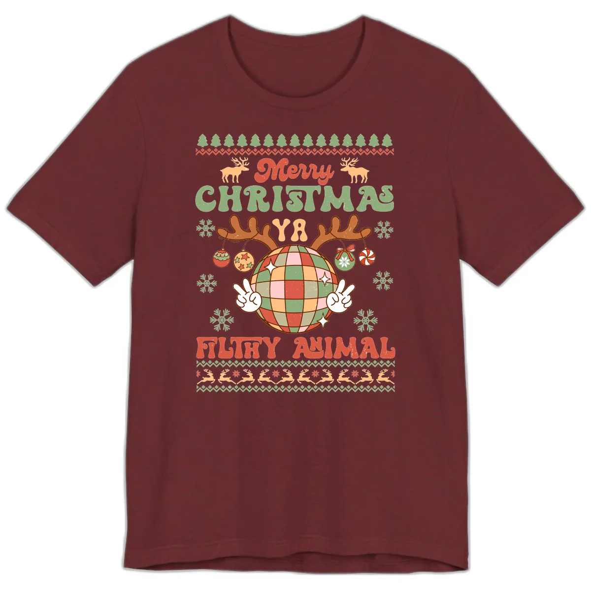 Merry Christmas Ya Filthy Animal Disco Ball Premium T-Shirt in Heather Cardinal