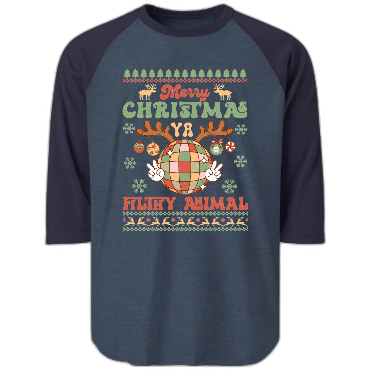 Merry Christmas Ya Filthy Animal Disco Ball Raglan 3/4 in Heather Denim Navy