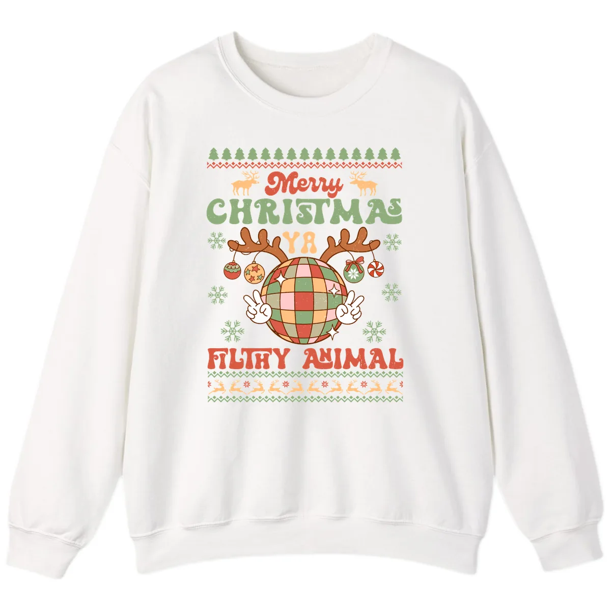 Merry Christmas Ya Filthy Animal Disco Ball Sweatshirt in White