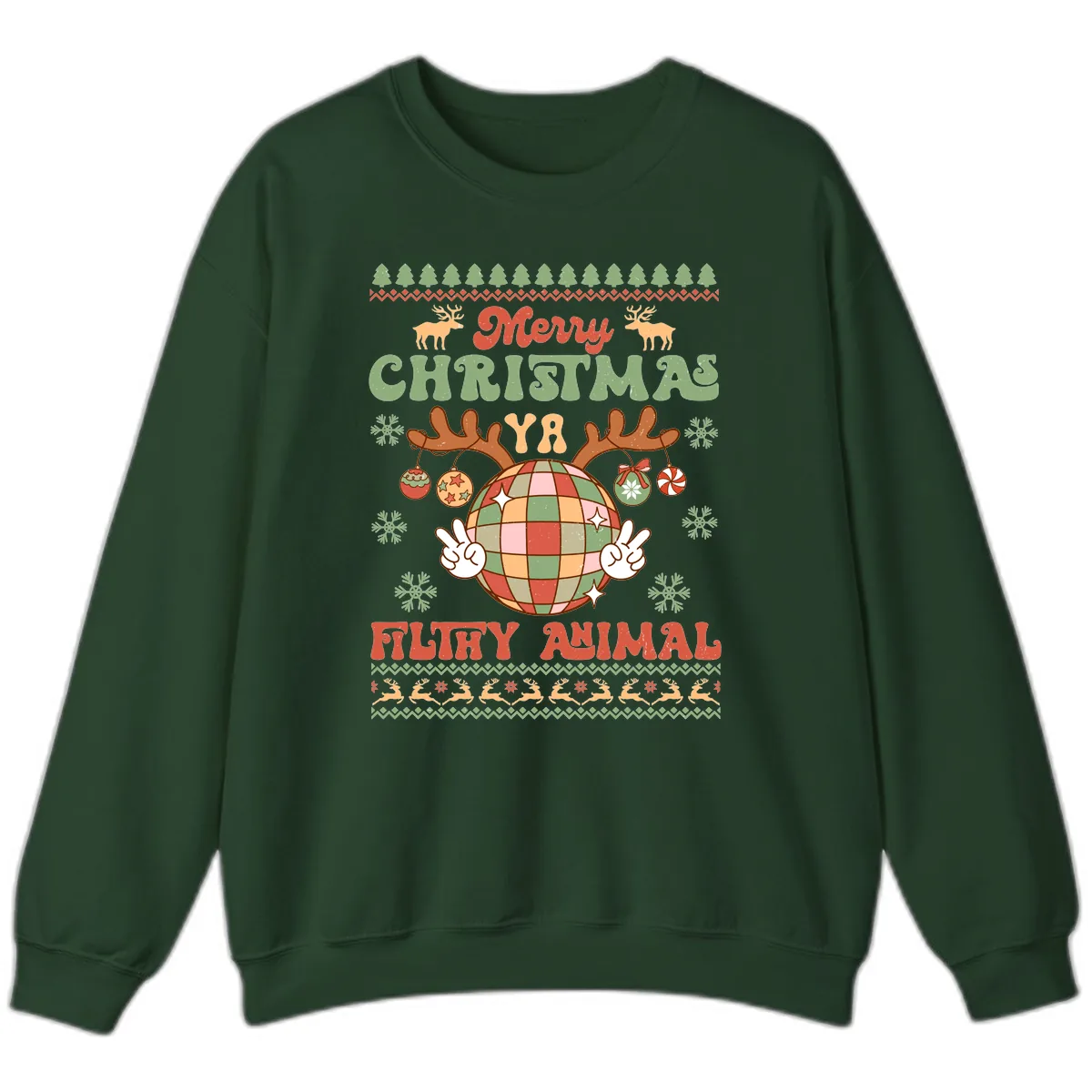 Merry Christmas Ya Filthy Animal Disco Ball Sweatshirt in Forest Green