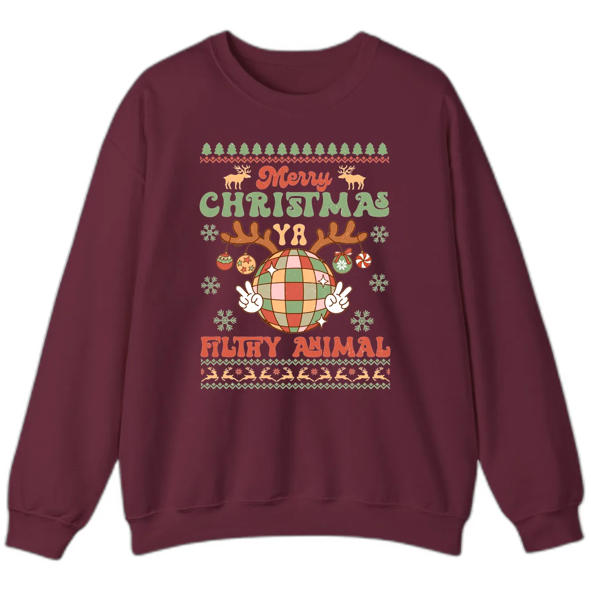 Merry Christmas Ya Filthy Animal Disco Ball Sweatshirt in Maroon