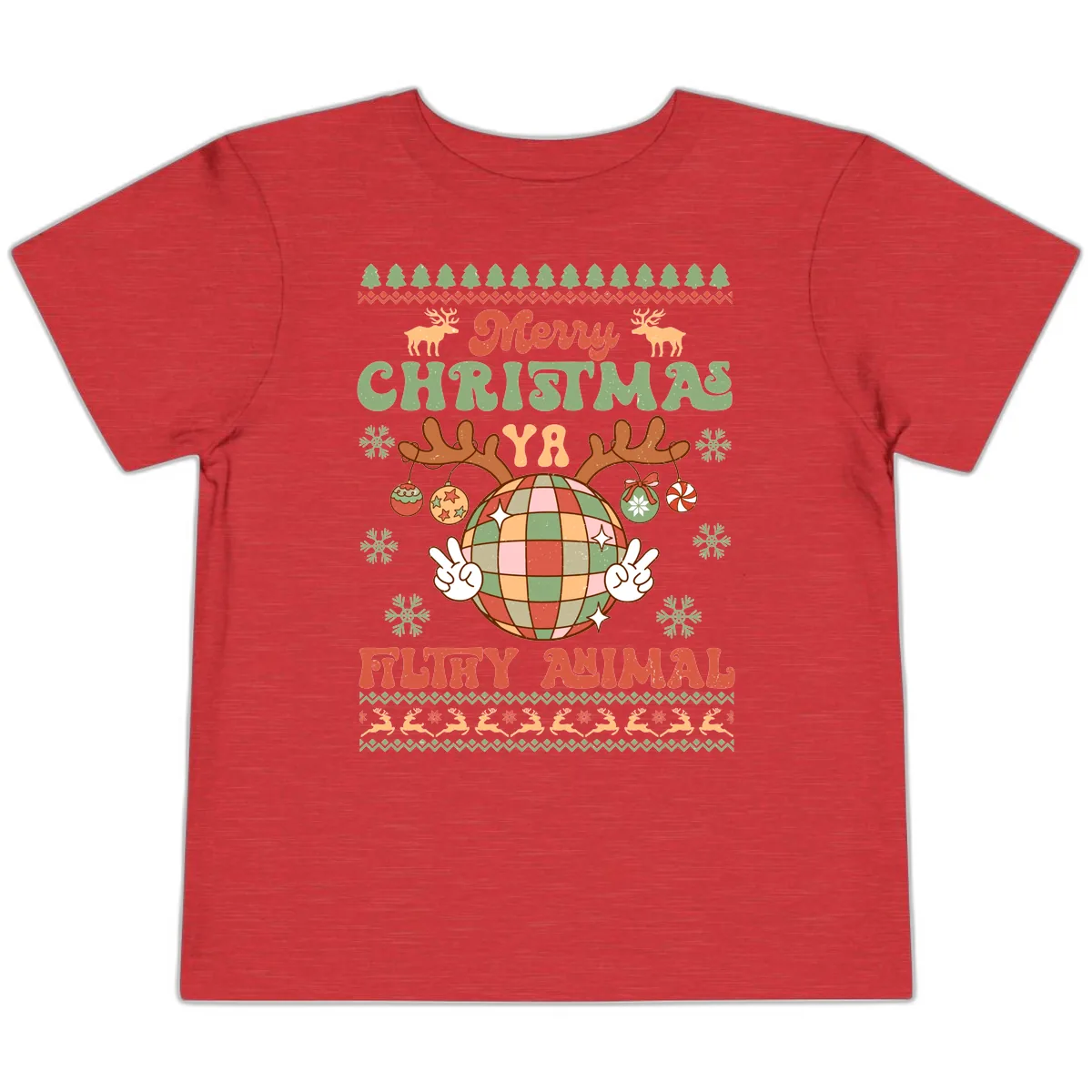 Merry Christmas Ya Filthy Animal Disco Ball Toddler T-Shirt in Heather Red