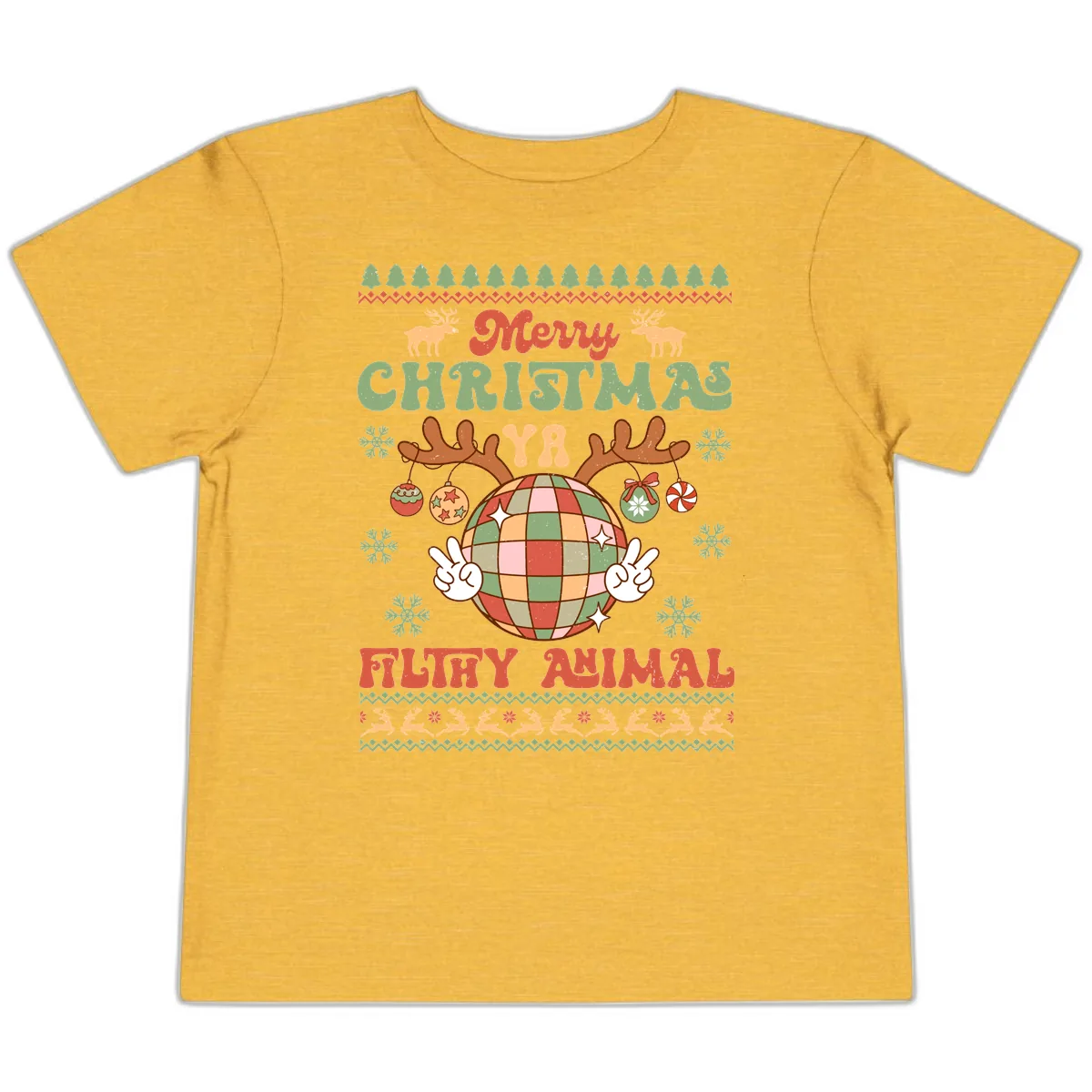 Merry Christmas Ya Filthy Animal Disco Ball Toddler T-Shirt in Heather Yellow Gold