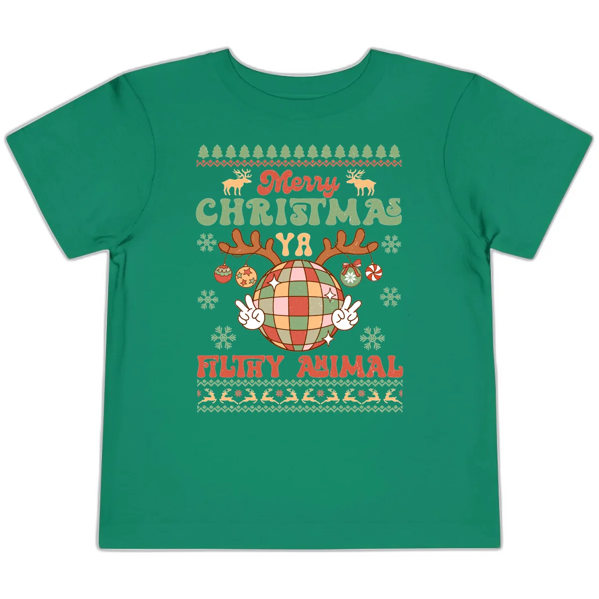 Merry Christmas Ya Filthy Animal Disco Ball Toddler T-Shirt in Kelly