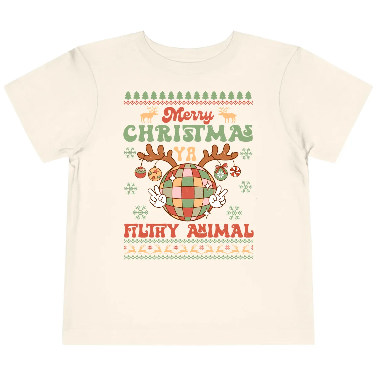 Merry Christmas Ya Filthy Animal Disco Ball Toddler T-Shirt in Natural