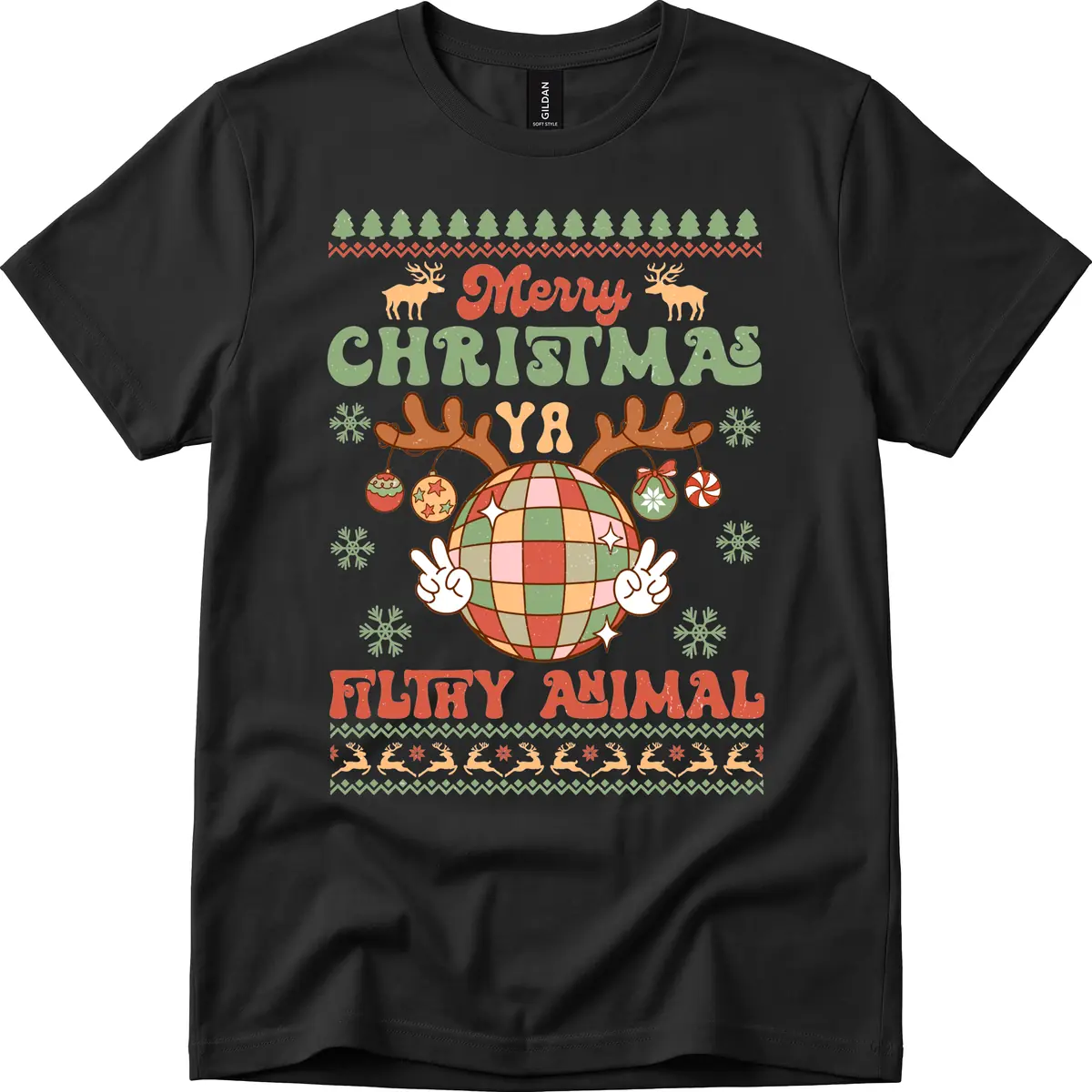 Merry Christmas Ya Filthy Animal Disco Ball T-Shirt in Black