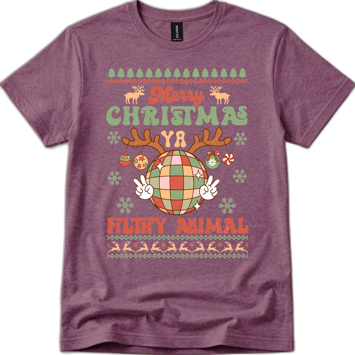 Merry Christmas Ya Filthy Animal Disco Ball T-Shirt in Heather Maroon
