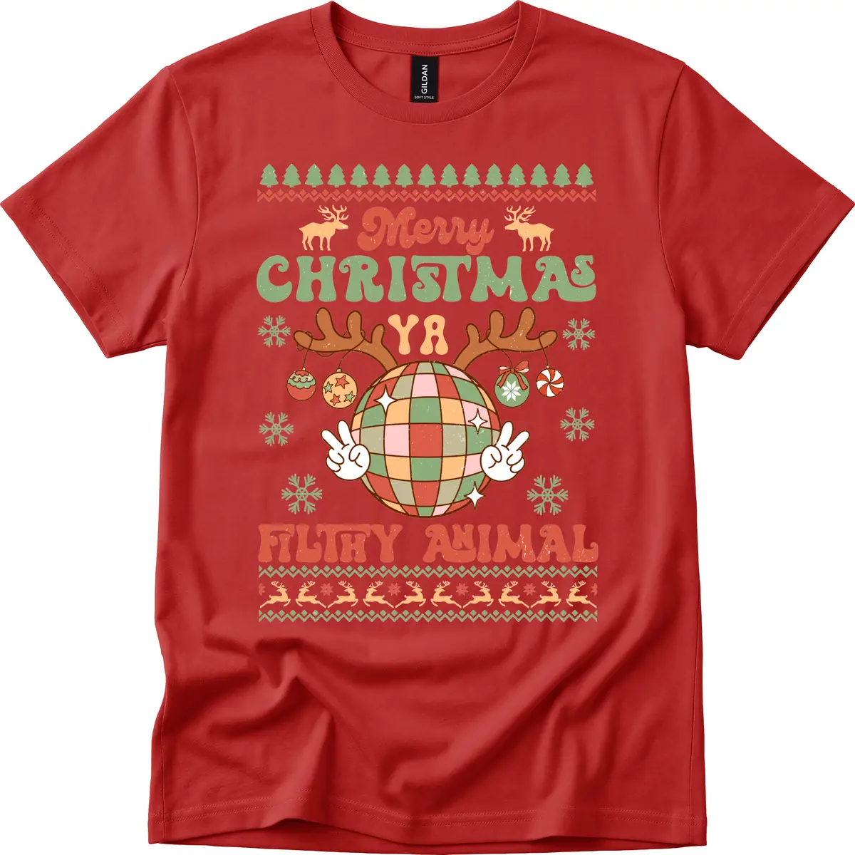 Merry Christmas Ya Filthy Animal Disco Ball T-Shirt in Red