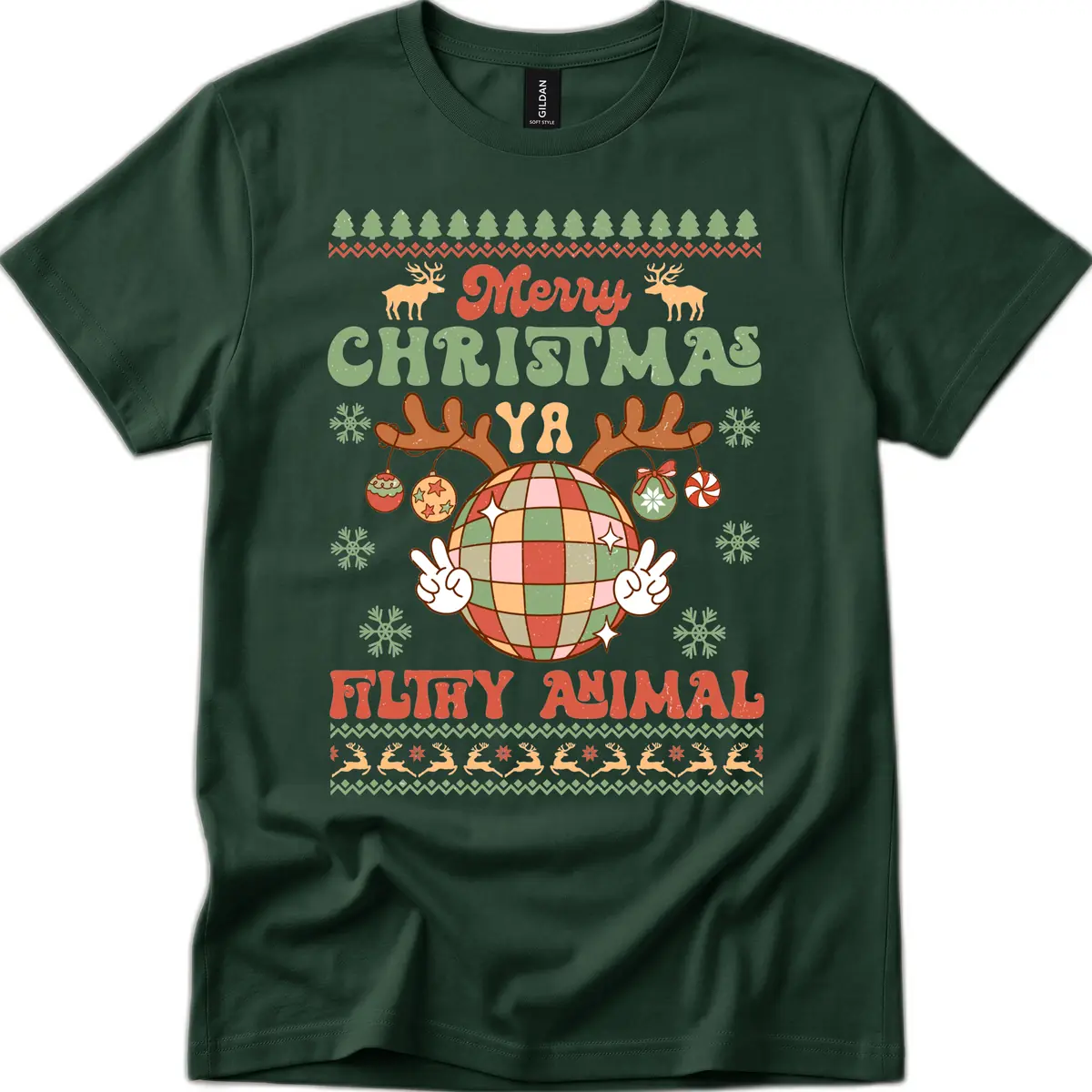 Merry Christmas Ya Filthy Animal Disco Ball T-Shirt in Forest Green