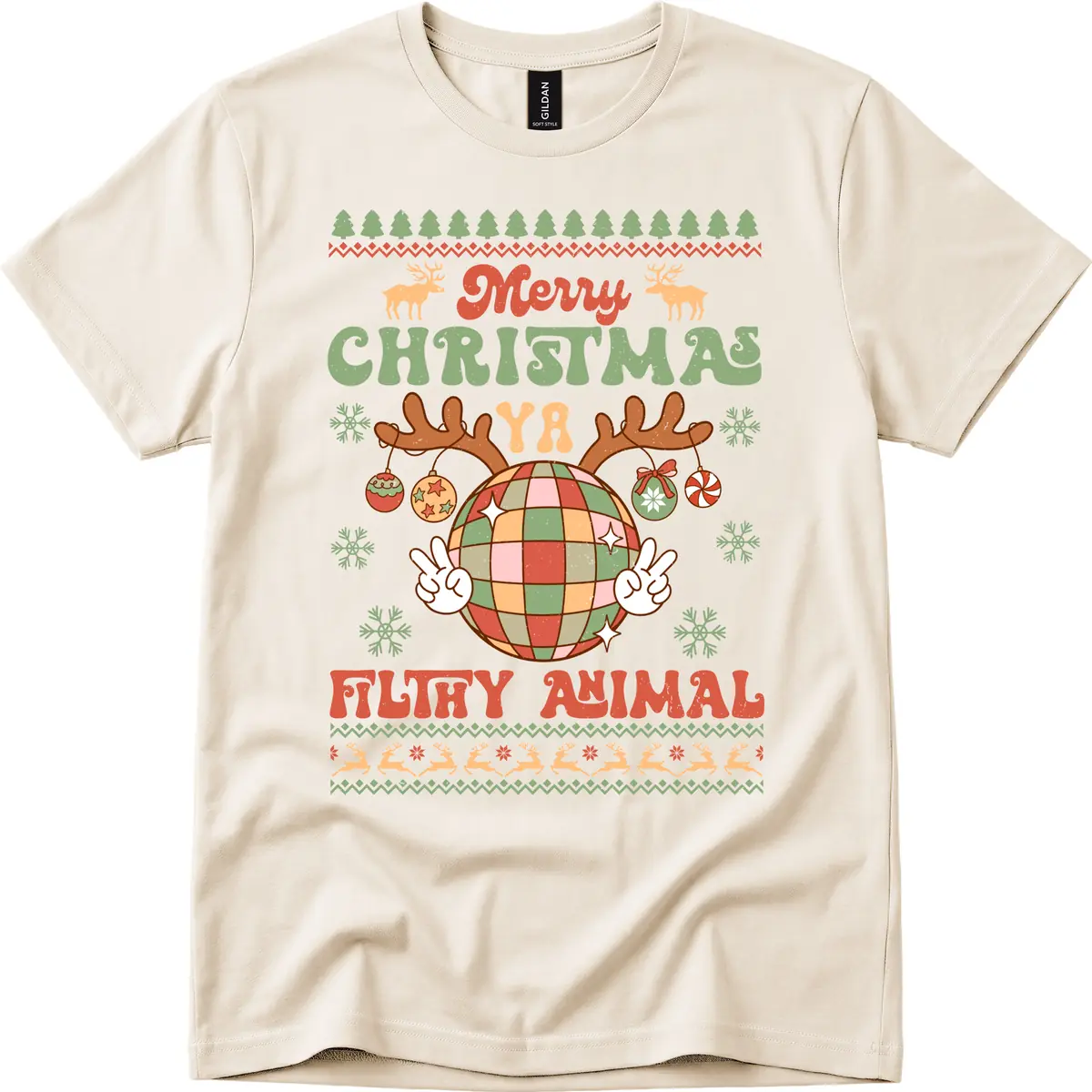 Merry Christmas Ya Filthy Animal Disco Ball T-Shirt in Natural