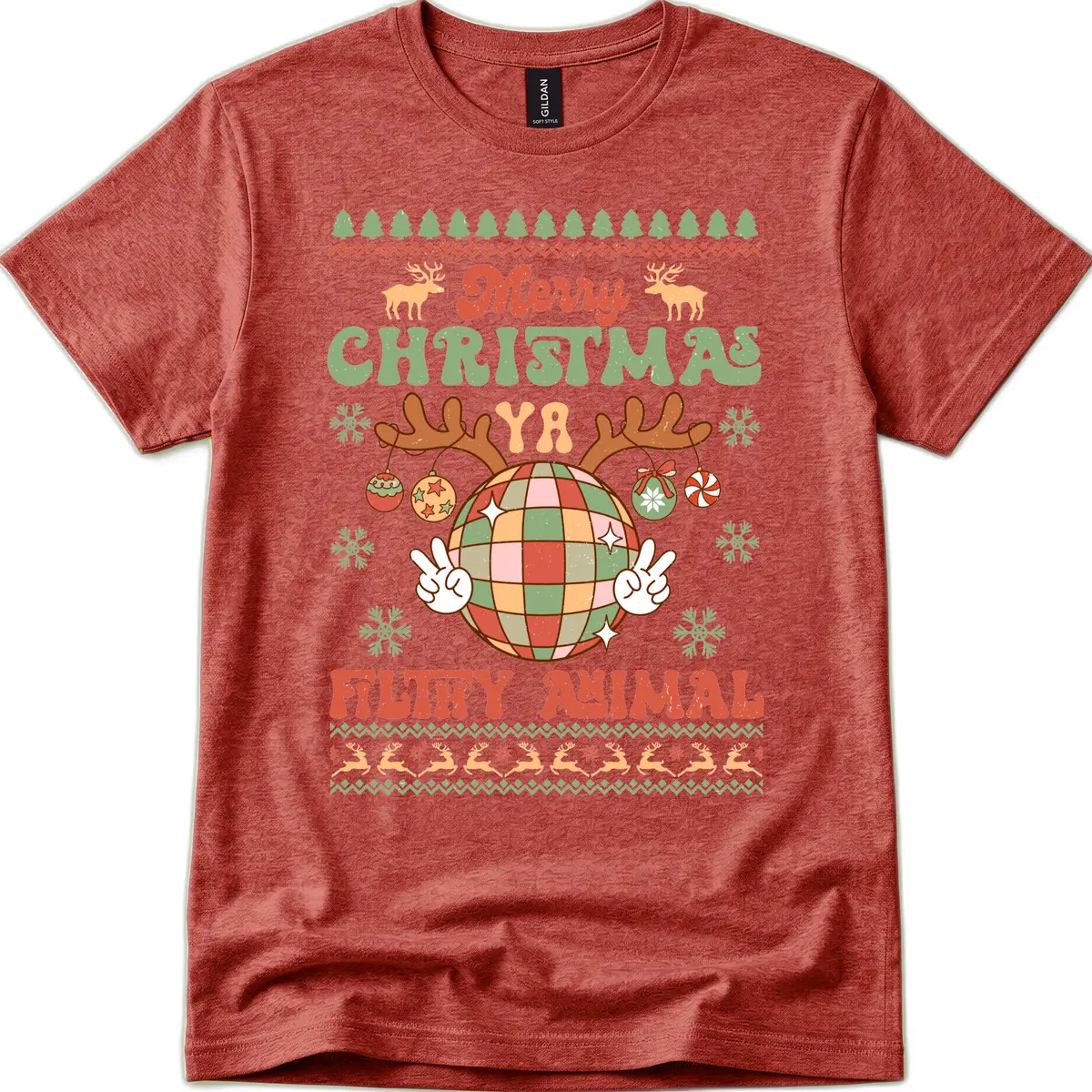 Merry Christmas Ya Filthy Animal Disco Ball T-Shirt in Heather Cardinal