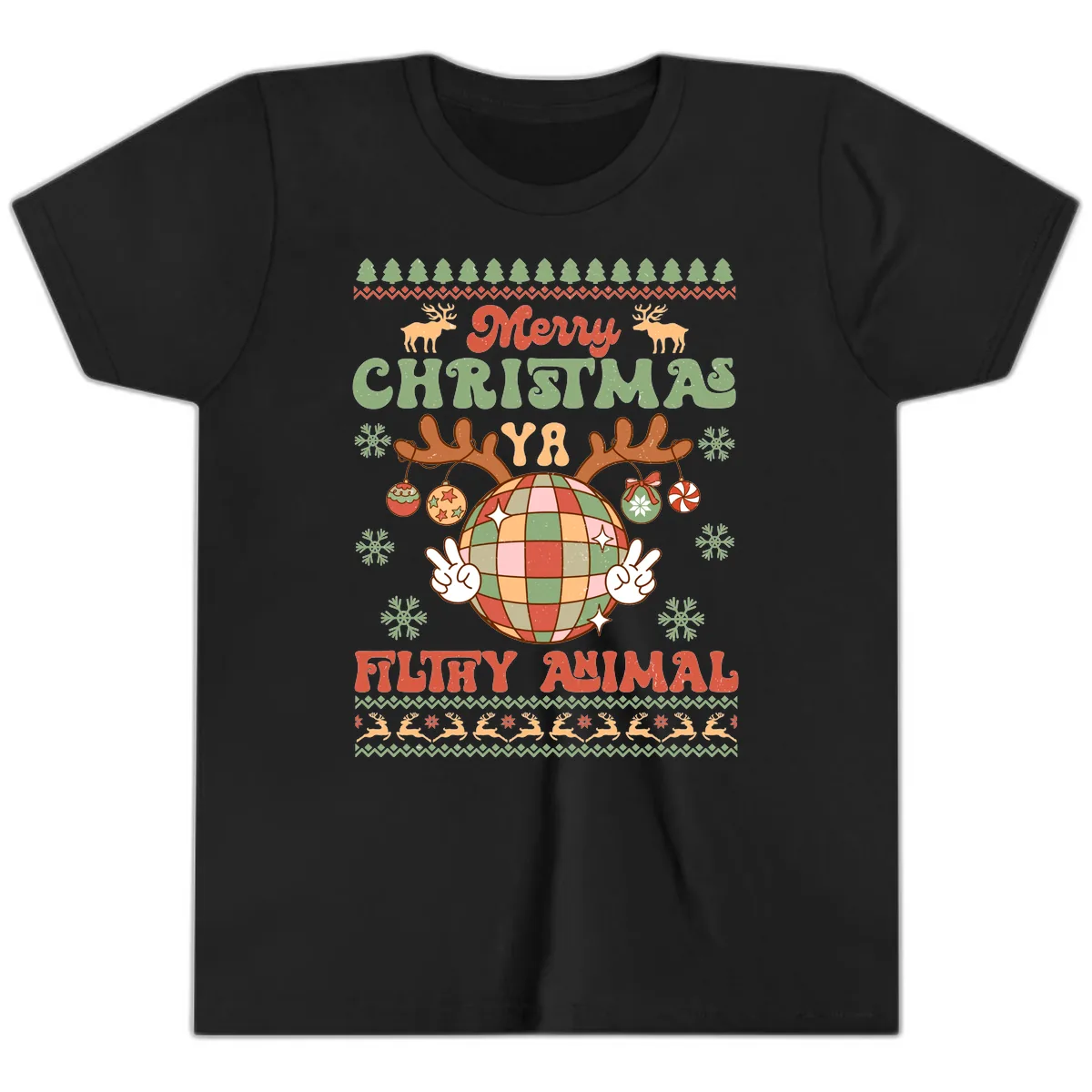 Merry Christmas Ya Filthy Animal Disco Ball Youth T-Shirt in Black