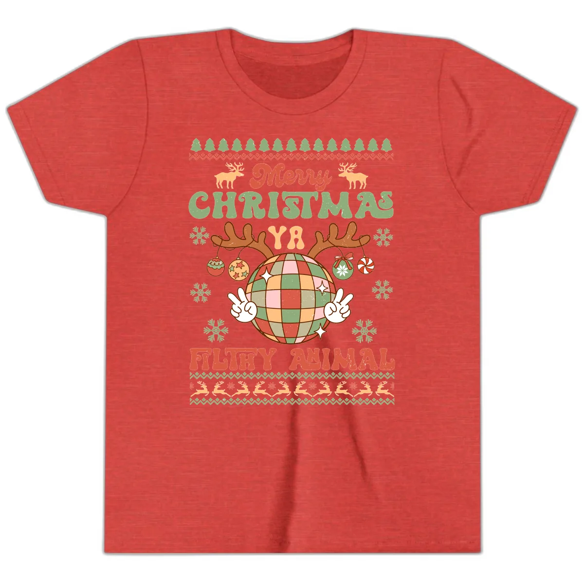Merry Christmas Ya Filthy Animal Disco Ball Youth T-Shirt in Heather Red