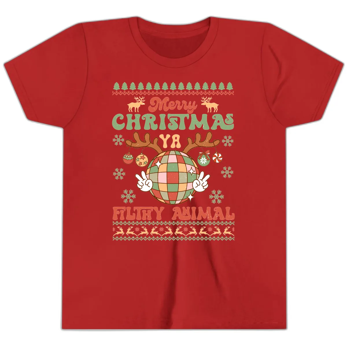 Merry Christmas Ya Filthy Animal Disco Ball Youth T-Shirt in Red