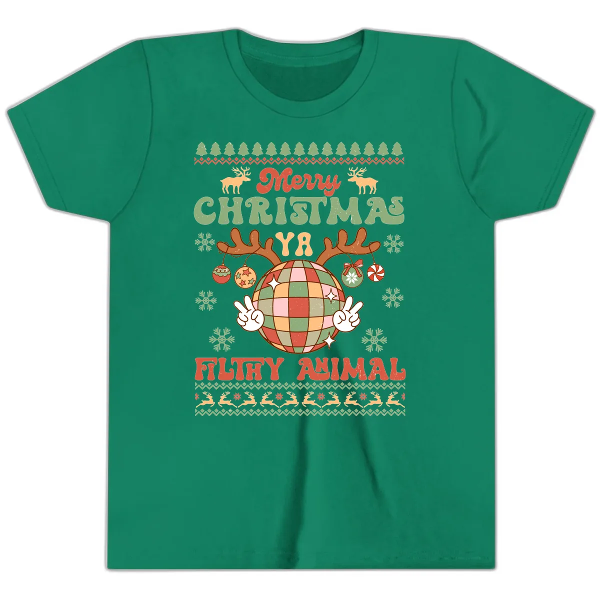 Merry Christmas Ya Filthy Animal Disco Ball Youth T-Shirt in Kelly