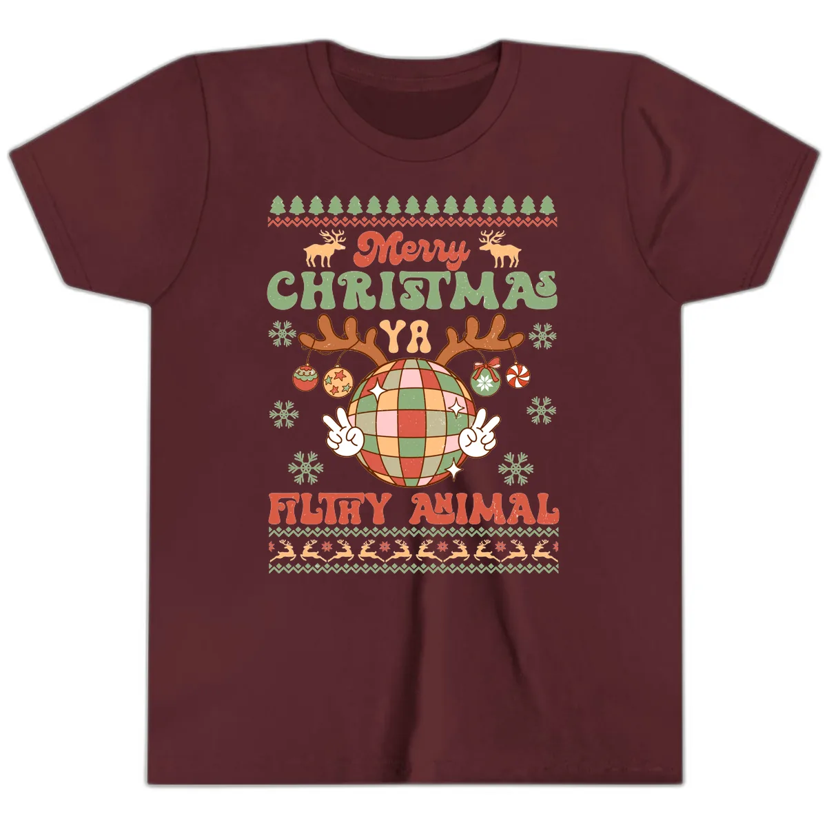 Merry Christmas Ya Filthy Animal Disco Ball Youth T-Shirt in Maroon